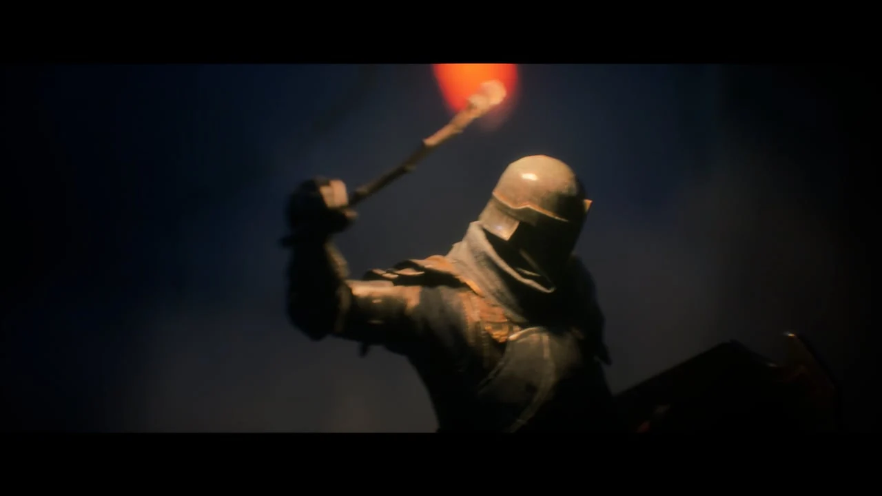An armored knight holding a torch in a dark cinematic environment