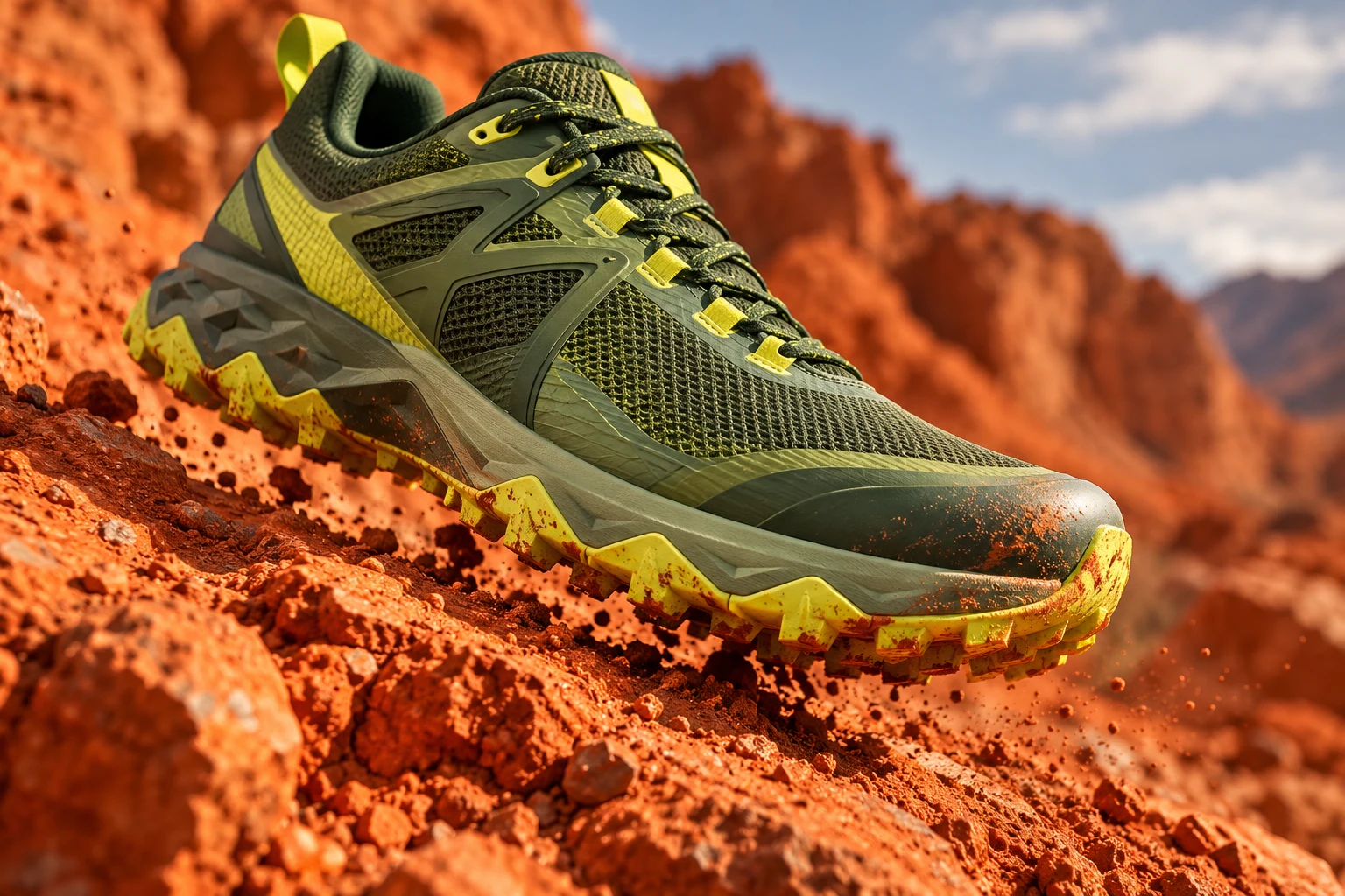 green and yellow trail shoe over orange terrain